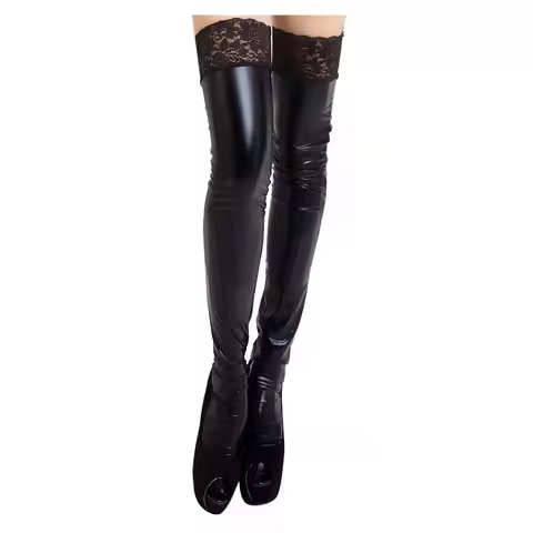 Leather Thigh High Stockings, Lace Stockings for Women, Shiny Pantyhose for Women, Leather Stockings