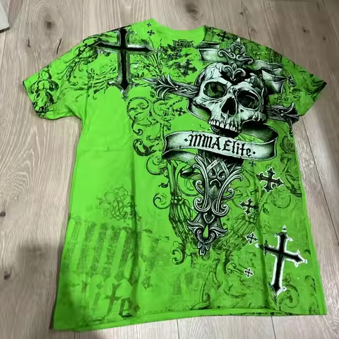 MMA ELITE Cross Skull Print Green Y2K T Shirt Men Loose Fit Streetwear Graphic Tee Oversized Glow Da