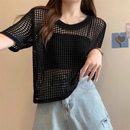 Women's Big Size Blouse Set, Short Sleeve Mesh T-shirt with Vintage Stylish T-shirt - (A318+G118)