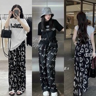 Cool thin silk wide-leg pants with multi-patterned lettering for women_686