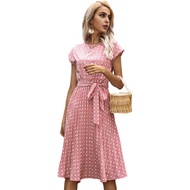 Womens Polka Dot Print Midi Dress Crewneck Short Sleeve A-Line Dress with Belt Summer Beach Vacation