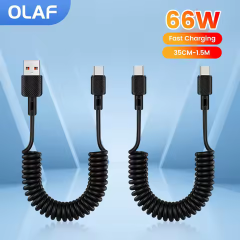 66W Fast Charging Type C Cable Spring Telescopic Car Phone Charger USB C Cable For iPhone 16 15 Sams