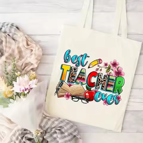 ABCD Teacher Tote Bag Durable Canvas Material, Large Capacity Handbag for School, Travel, Shopping -