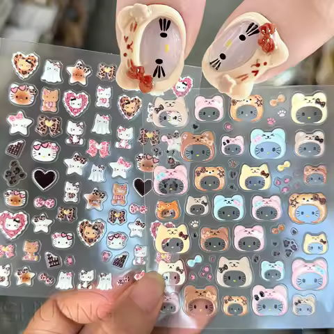 3/2/1pcs Cartoon Hello Kitty Hat Headdress Nail Sticker 5D Cute Leopard Print Star Hooded Hello Kitt