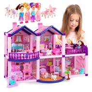 Dollhouse with 4 Princesses, 4 Unicorns, Dog, Furniture and Accessories - Pink and Purple Dream Doll