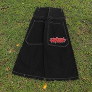 กางเกงขาสั้นยีนส์พิมพ์ลาย JNCO ทรงฮิปฮอปสำหรับผู้ชายและผู้หญิง กางเกงขาสั้นทรงตรง ทรงหลวม ทรงขากระบอ
