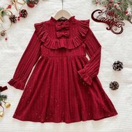 LMoss Young Girl Solid Color Ruffle Collar Casual Knit Dress, Young Girls Elegant Long Sleeve Dresse