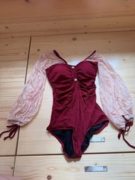 公主風Lace 泳衣/ 空中瑜珈服/ Burgundy Bodysuit with Lace Sleeves