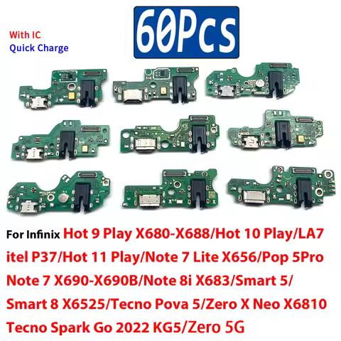 60Pcs,USB Charging Port Dock Connector Board Flex Cable Hot 10 11 Play Itel P37 LA7 Note 7 Lite 8i P