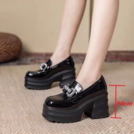 Lady platform shoes 9cm tall heel black leather shoes
