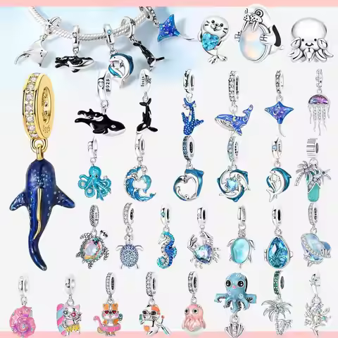 Whale Shark & Orca Killer Whale 925 Sterling Silver Dolphin Dangle Charms Fit Original Bracelet Bead