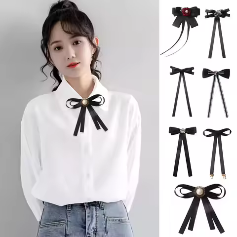 Rhinestone Pearl Bow Blouse Ribbon Bow Tie Black College Style Bowknot Bank Hotel Shirt Graduation S