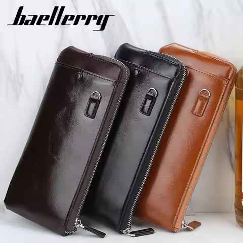 Designer Long Wallet for Men Unique PU Leather Zipper Coin Pocket 6 Slots RFID Protection Business