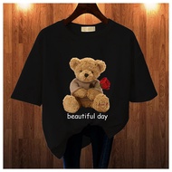 BAJU KAOS WANITA OVERSIZE LENGAN PENDEK BEAR LOVE LEHER BULAT KAOS MURAH COTTON COMBED blus jumbo