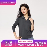 GIORDANO Women Polo Shirts Skin-Friendly 100% Cotton Polo Shirts V-Neck Collar Long Sleeve Fashion C