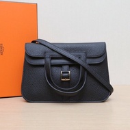 HERMES Halzan25雙提手單肩包89黑色TC皮W刻金扣肩背包