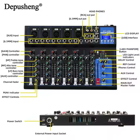 Professional Audio Mixer 7 Channel Portable USB Interface Playback DJ Mixing Console For Stage Perfo