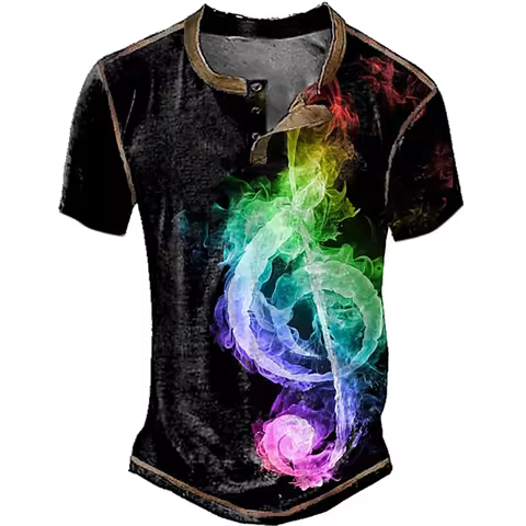 Guitar Graphic 3D Printed Vintage Henley Shirts Men's Fashion Streetwear Button-Down Short Sleeve T 