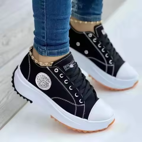 Canvas Ladies Casual Sneakers Autumn Brand Women's Casual Shoes Flat Lace-Up Walking Shoes for Women