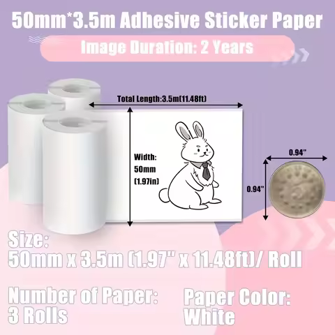 T02/M02X/M02L White Sticker Paper - 3 Rolls of Self-Adhesive Thermal Printer Paper, 53mm x 3.5m, 10 