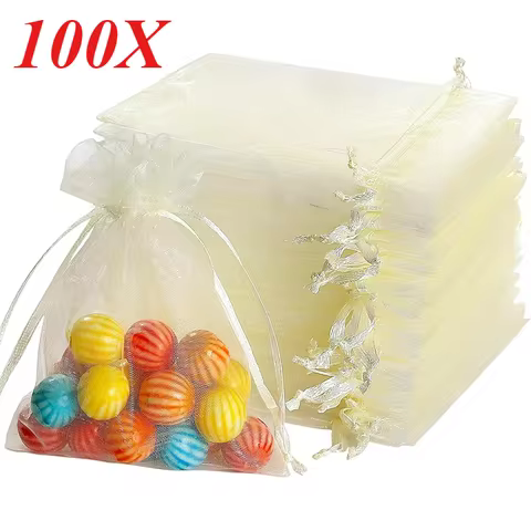 100PCS Organza Bags Milky White Mesh Jewelry Bags Drawstring, Small Drawstring Favor Pouches Christm