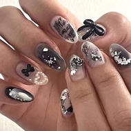Nude False Nails Medium Almond Press on Nails Pearl Flame Nails Tips Acrylic Fake Nails for Women an