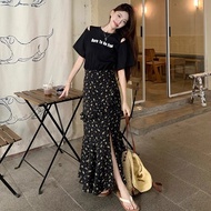 A669l _ Dress Large Size 2026 Fat mm Summer Night Flower Language Fake Two-Piece Slit Slimmer Look N