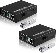 2-Pack Fiber to Ethernet Media Converter with Gigabit Multi-Mode SFP LC Module, 1.25G SFP to 10/100/