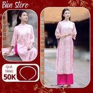 Áo dài hoa lá hồng áo dài gấm cách tân 2 tà tay lỡ dáng suông mềm mại - A001