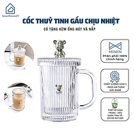 Cốc Thủy Tinh Giữ Nhiệt Hình Gấu Bearbrick, Cốc Uống Nước Đa Năng 400ML Có Nắp Đậy Tặng Kèm Ống Hút 