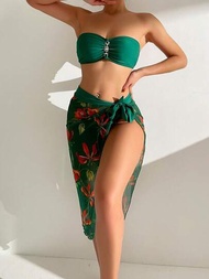 Traje De Baño Sexy De Mujer Con Cinta Fruncida En El Pecho, Traje De Baño De Bikini Sin Tirantes Con Cubierta De Falda Para Traje De Baño, Ropa De Playa De Vacaciones De Verano