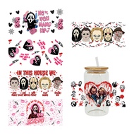 Scary Halloween UV DTF Cup Wraps Transfers Sticker For 16oz Libbey Glass Can Horror Movie Tumbler Ki