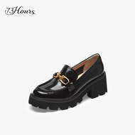 73Hours Womens Shoes Vintage British Style Thick Bottom Loafers Black Versatile Leather Shoes Casual