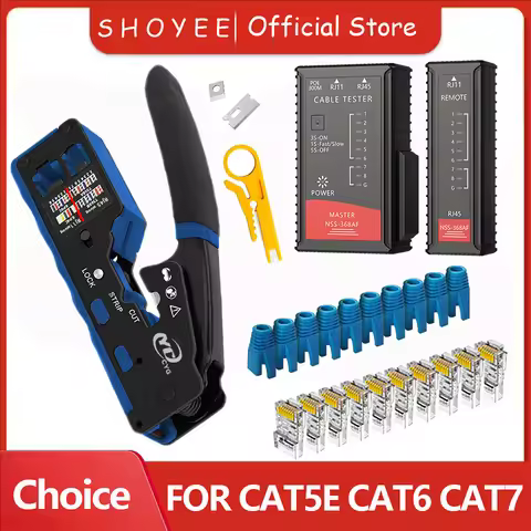 RJ45 Crimp Tool Kit Pass Through Cat6 Crimping Tool For Cat5 Cat5e Cat6 8P8C Connector, All-in-one E