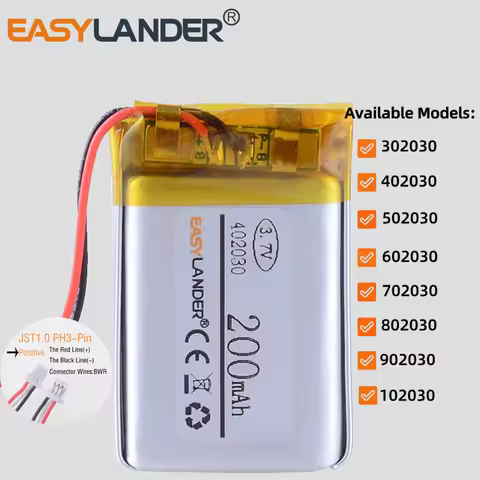 JST1.0mm 3Pin 802030 3.7V 500mAh 302030 402030 502030 602030 702030 902030 102030 Rechargeable Lithi