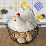 ❁❦﹍Large Stainless Steel Mesh Wire Egg Storage Basket with Ceramic Farm Chicken Top and Handles