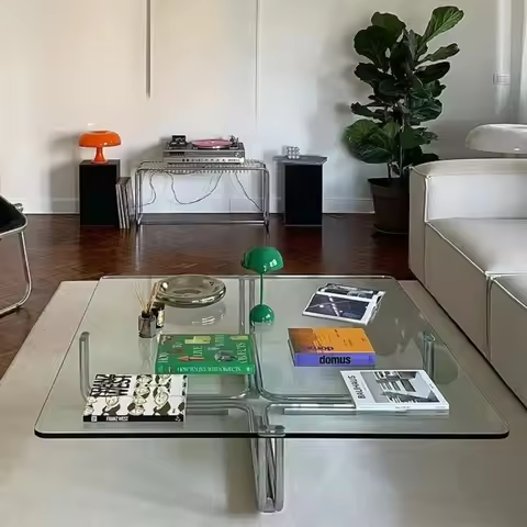 Transparent Square Glass Coffee Table Stainless Steel Modern Minimalist Vintage Glass Coffee Table S
