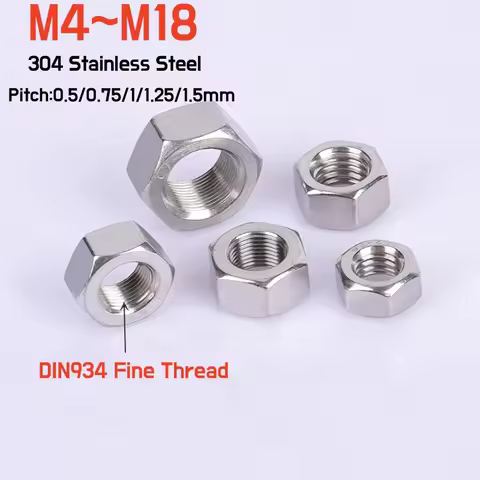 2~50pcs DIN934 Fine Thread Hex Hexagon Nut 304 A2 Stainless Steel M4 M5 M6 M8 M10 M12 M14 M16 M18 Pi
