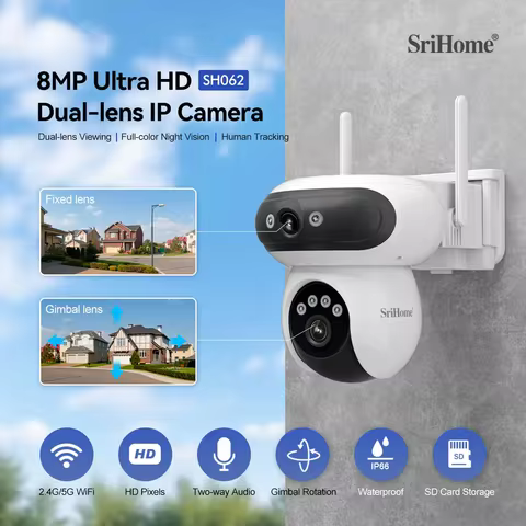 Srihome SH062 8MP Dual Lens IP Dome Camera 2.4G&5G Dual Band WIFI AI Humanoid Home Security Cry Dete