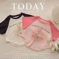 Baby Girls T Shirts Rabbit Printing U Shaped Hem Korean Style Kids Girls Cotton Tops 2-6 Years