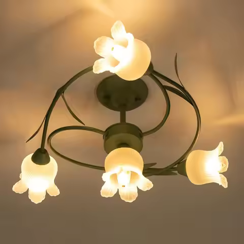 4-Light Green Flower Chandelier Pendant Light Fixture Flower LED Ceiling Pendant Light Elegant Ceili