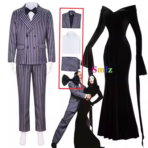Gomez Addams Cosplay Anime Morticia Costume Dress Halloween Carnival Outfit Adult Coat Shirt Pant Ti