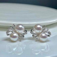 富錦鑽石akoya天然珍珠海水珍珠雙珠18k金耳釘18k金珍珠耳環