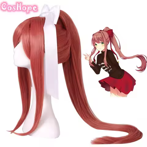 Monika Cosplay Long Coral Cosplay Wig With Long Ponytail Anime Cosplay Wigs Heat Resistant Synthetic