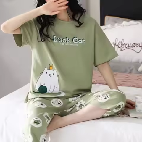Women Pajamas Sets Plus Size Summer Silk Sleepwear Ladies Thin Short-Sleeved Seven Pants O-Neck Casu