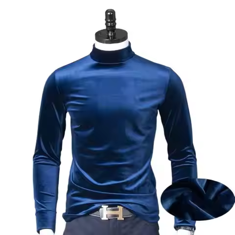 Turtleneck Velvet Tops Men Long Sleeve T Shirts Solid Color 2026 spring Autumn Velour T-Shirts Plus 