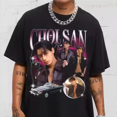Crew Neck T - Shirt with ATEEZ Choi San Retro K - Pop Creative - Inspired Graphic Featuring Music Ar