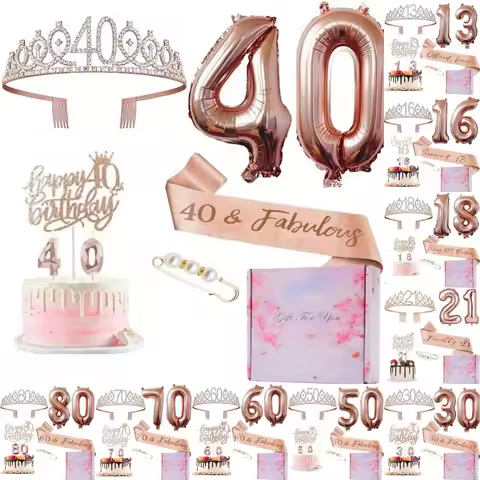 8Pcs/Set birthday party crown sash cake balloons candles Decoration with gift box 13 16 18 21 30 40 