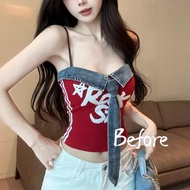 Denim Patchwork Print Tie Bra Hot Girl Tube Top Short Sleeveless Women Bf