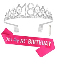 Semato 18th Birthday Decorations for Girls Hot Pink 18th Birthday Crown and Sash Gifts for Girls Par